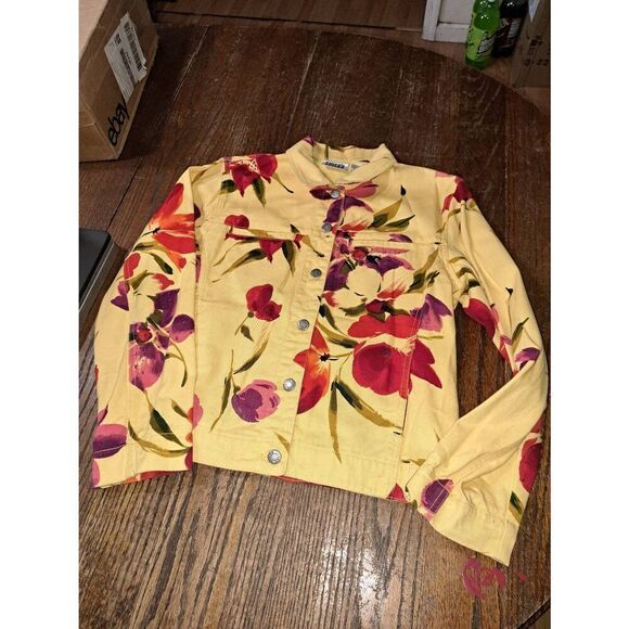 Small Size 4 Chicos 0 Yellow Floral Long Sleeve Cotton Denim Jean Jacket - Picture 1 of 6